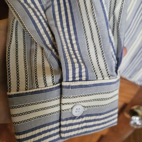 EVALESS Womens L Striped V-Neck Button-Down Blouse Preppy Sophisticated Workwear - Picture 7 of 11